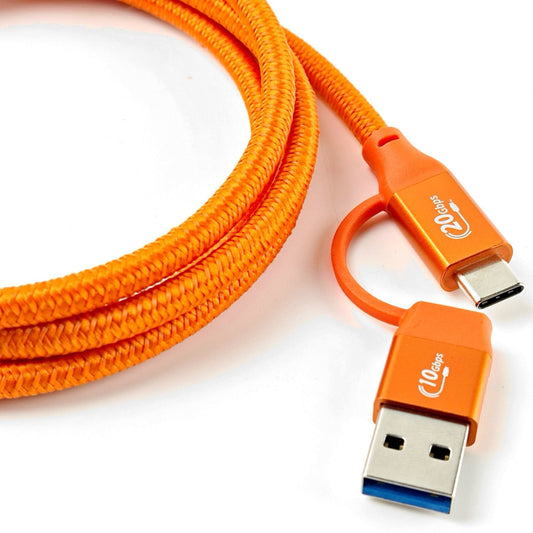Upgraded Nylon USB-C Cable 240W Fast Charging & 10Gbps Data Transfer - 1.5m with USB-A Adapter, Eye-Catching Orange